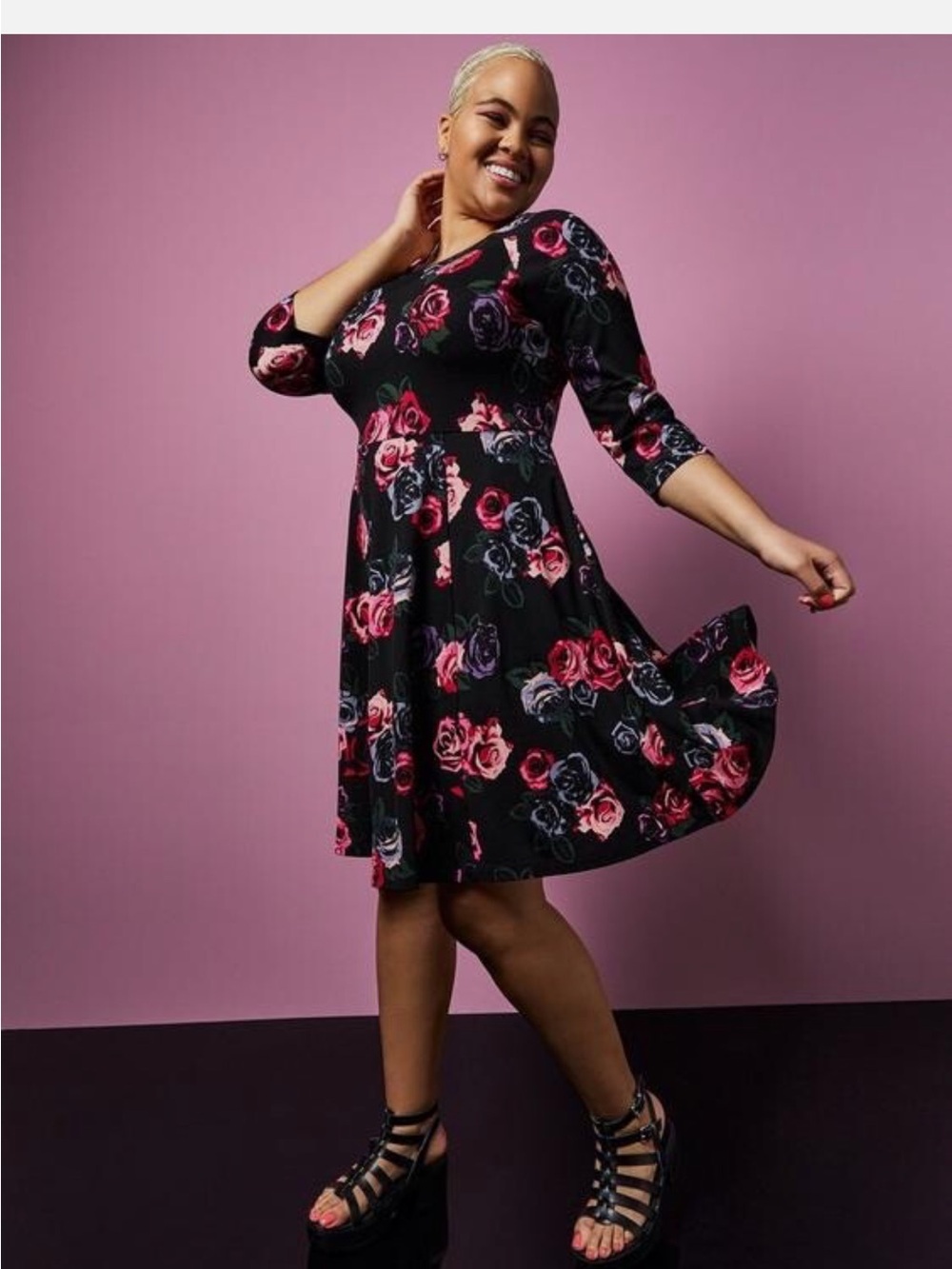Torrid betsey Johnson Floral Fit & Flare Dress - Black with Pink Rose Print